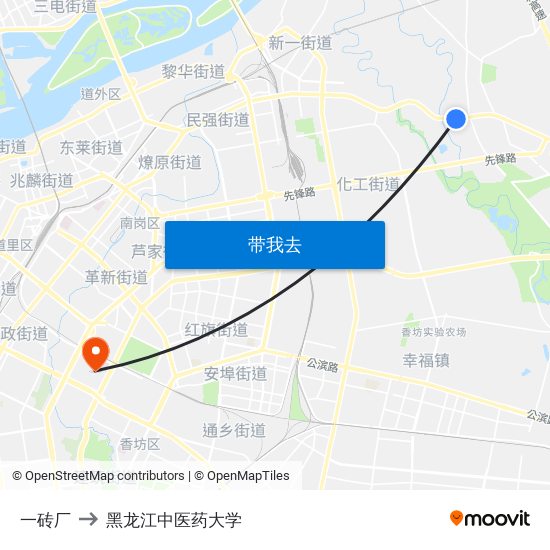 一砖厂 to 黑龙江中医药大学 map