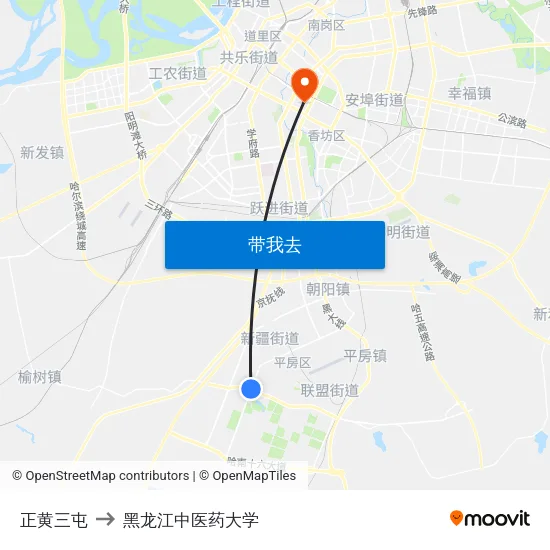正黄三屯 to 黑龙江中医药大学 map