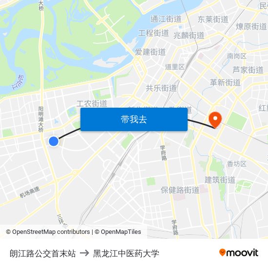 朗江路公交首末站 to 黑龙江中医药大学 map