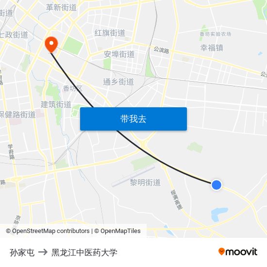 孙家屯 to 黑龙江中医药大学 map