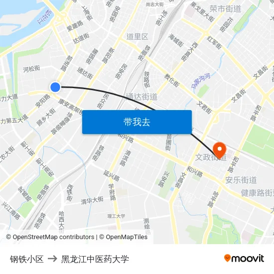 钢铁小区 to 黑龙江中医药大学 map