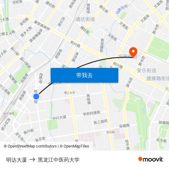 明达大厦 to 黑龙江中医药大学 map