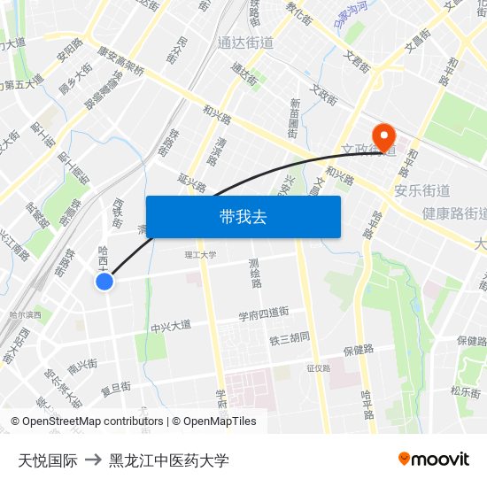 天悦国际 to 黑龙江中医药大学 map
