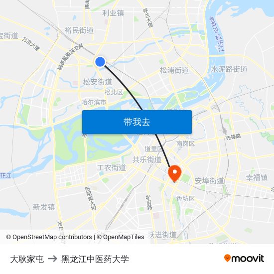 大耿家屯 to 黑龙江中医药大学 map