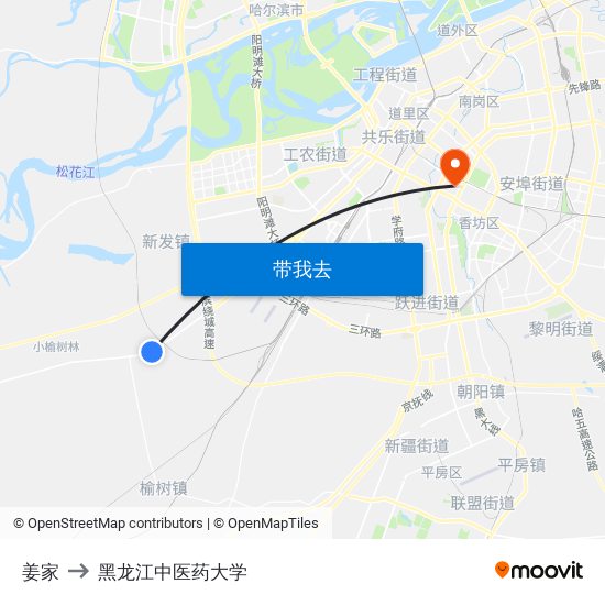 姜家 to 黑龙江中医药大学 map