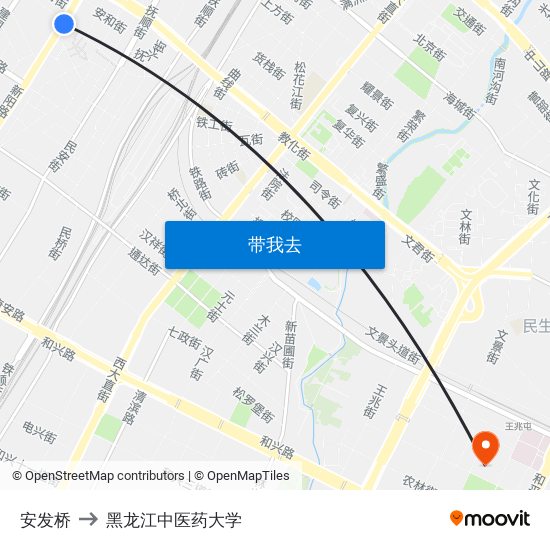 安发桥 to 黑龙江中医药大学 map