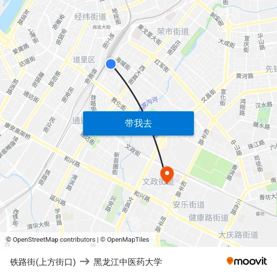 铁路街(上方街口) to 黑龙江中医药大学 map