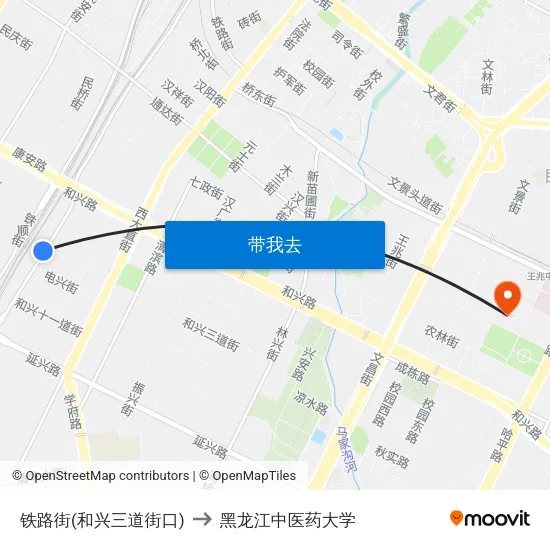 铁路街(和兴三道街口) to 黑龙江中医药大学 map