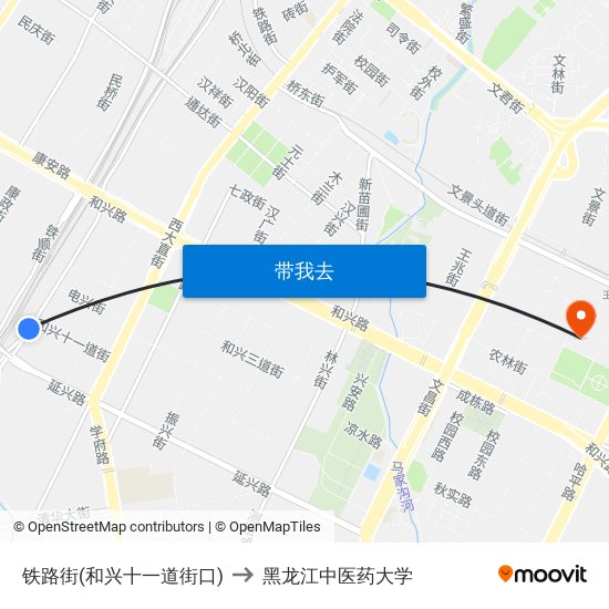 铁路街(和兴十一道街口) to 黑龙江中医药大学 map