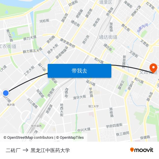 二砖厂 to 黑龙江中医药大学 map