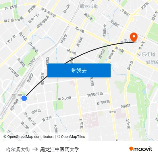 哈尔滨大街 to 黑龙江中医药大学 map