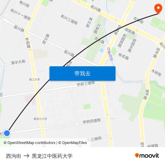 西沟街 to 黑龙江中医药大学 map