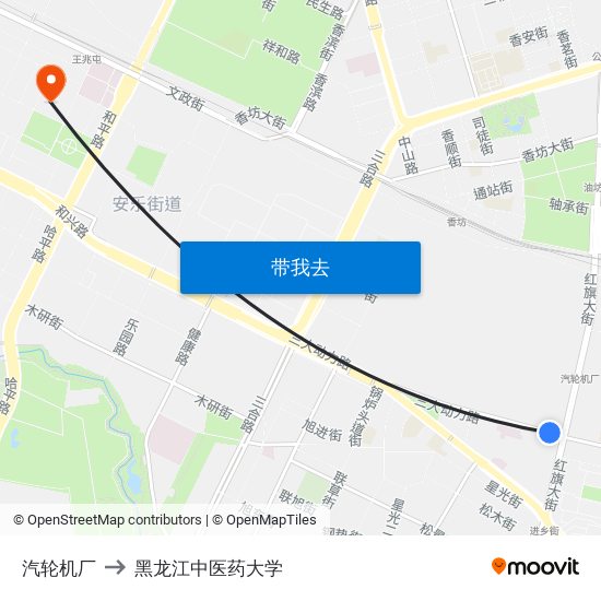 汽轮机厂 to 黑龙江中医药大学 map