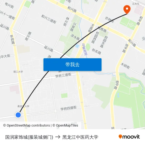 国润家饰城(服装城侧门) to 黑龙江中医药大学 map