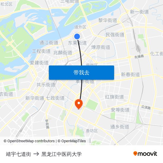 靖宇七道街 to 黑龙江中医药大学 map