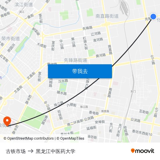 古铁市场 to 黑龙江中医药大学 map