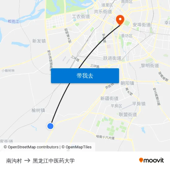 南沟村 to 黑龙江中医药大学 map