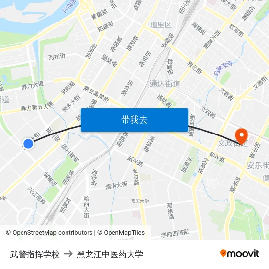 武警指挥学校 to 黑龙江中医药大学 map