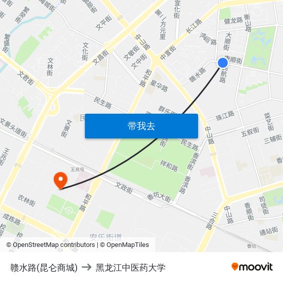 赣水路(昆仑商城) to 黑龙江中医药大学 map