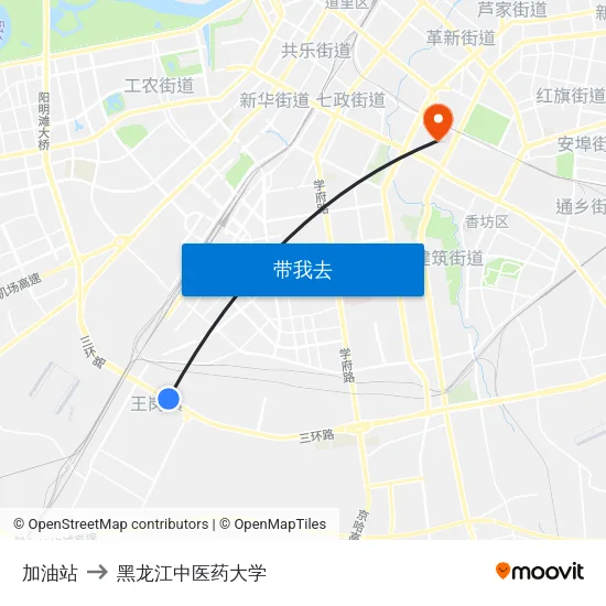 加油站 to 黑龙江中医药大学 map