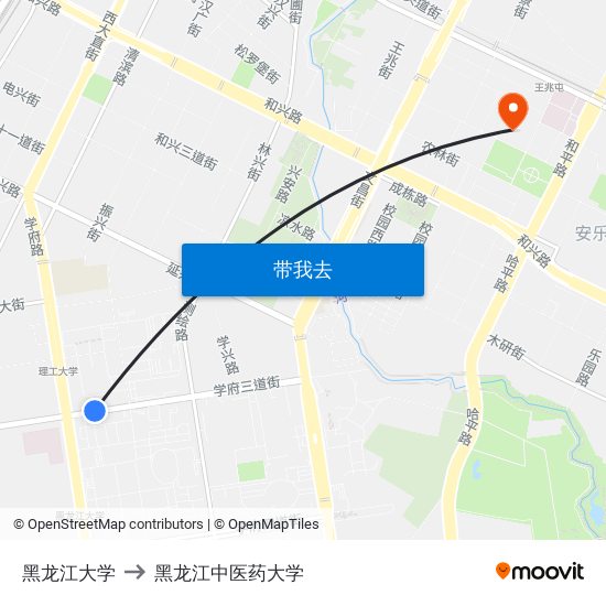 黑龙江大学 to 黑龙江中医药大学 map