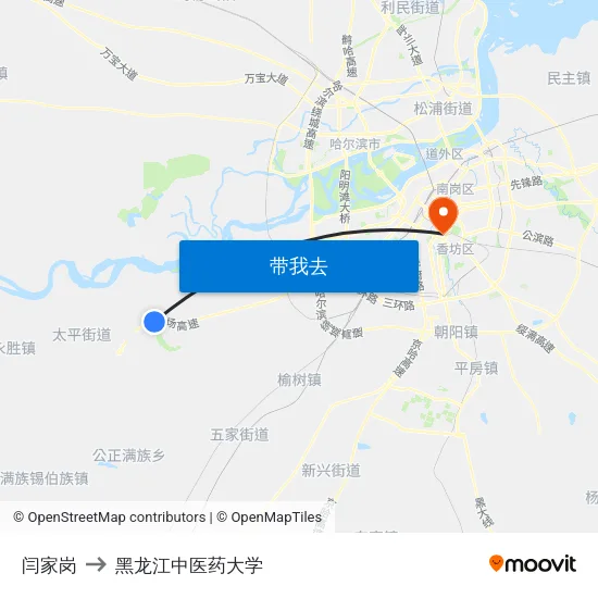 闫家岗 to 黑龙江中医药大学 map