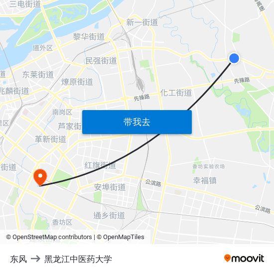 东风 to 黑龙江中医药大学 map