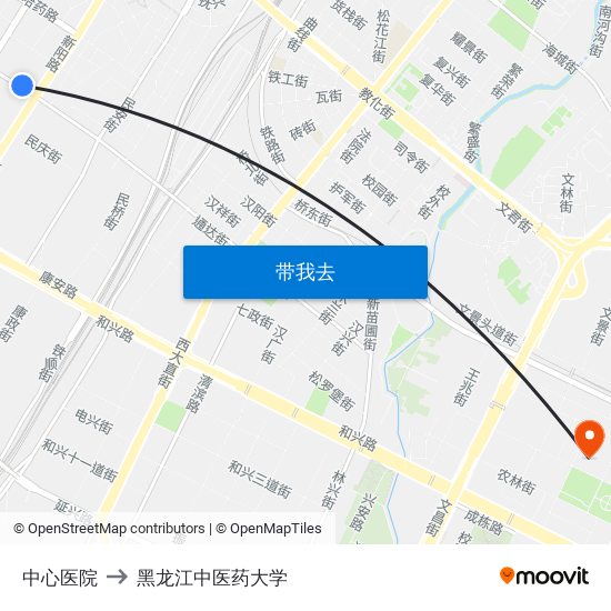 中心医院 to 黑龙江中医药大学 map