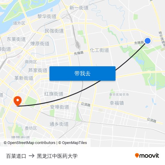 百菜道口 to 黑龙江中医药大学 map