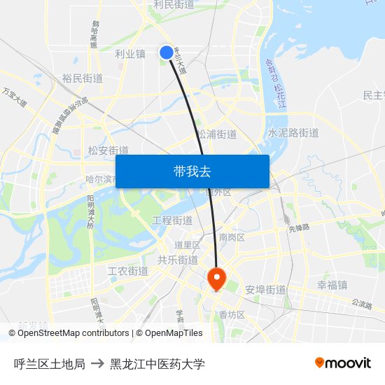 呼兰区土地局 to 黑龙江中医药大学 map