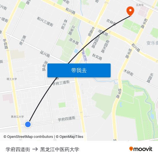 学府四道街 to 黑龙江中医药大学 map