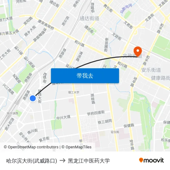 哈尔滨大街(武威路口) to 黑龙江中医药大学 map