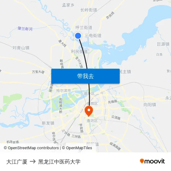 大江广厦 to 黑龙江中医药大学 map
