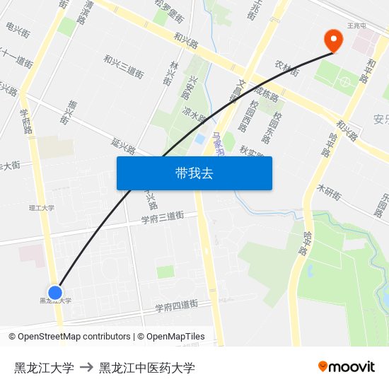黑龙江大学 to 黑龙江中医药大学 map