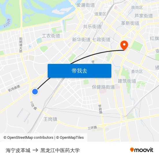 海宁皮革城 to 黑龙江中医药大学 map