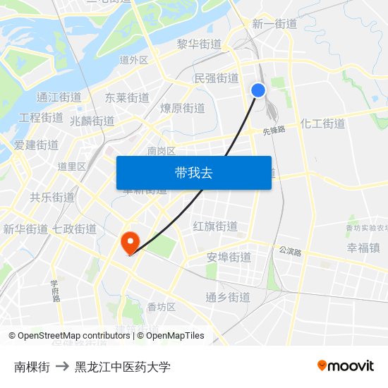 南棵街 to 黑龙江中医药大学 map
