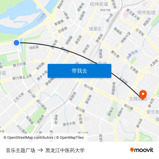 音乐主题广场 to 黑龙江中医药大学 map