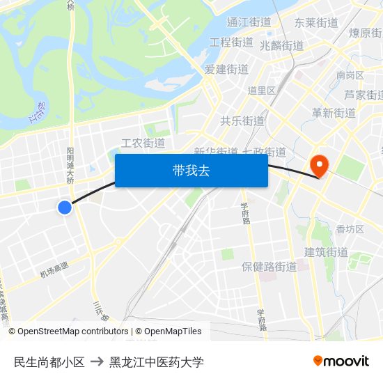 民生尚都小区 to 黑龙江中医药大学 map