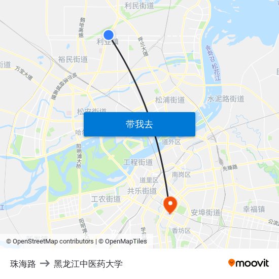 珠海路 to 黑龙江中医药大学 map