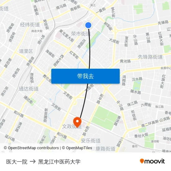 医大一院 to 黑龙江中医药大学 map