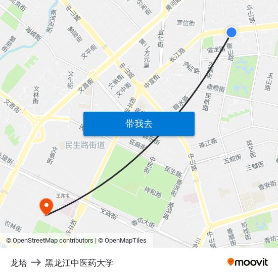 龙塔 to 黑龙江中医药大学 map