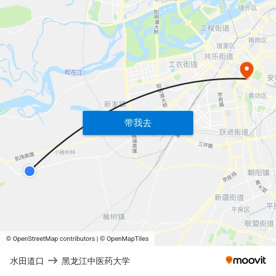 水田道口 to 黑龙江中医药大学 map