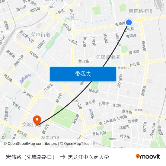 宏伟路（先锋路路口） to 黑龙江中医药大学 map