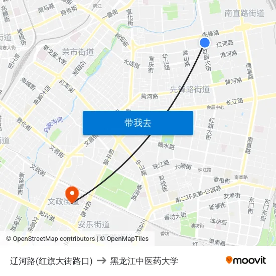 辽河路(红旗大街路口) to 黑龙江中医药大学 map