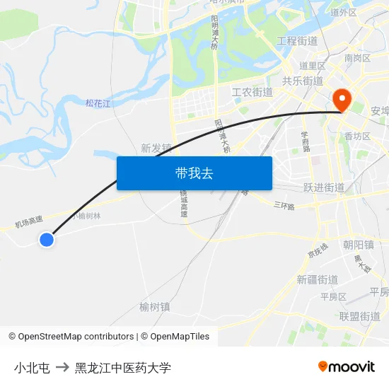 小北屯 to 黑龙江中医药大学 map