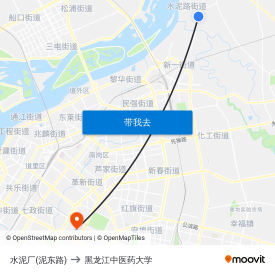 水泥厂(泥东路) to 黑龙江中医药大学 map