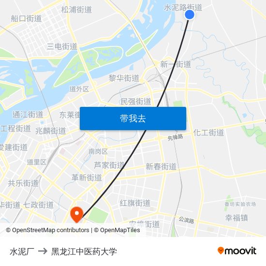 水泥厂 to 黑龙江中医药大学 map