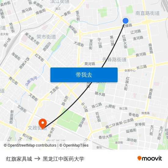 红旗家具城 to 黑龙江中医药大学 map