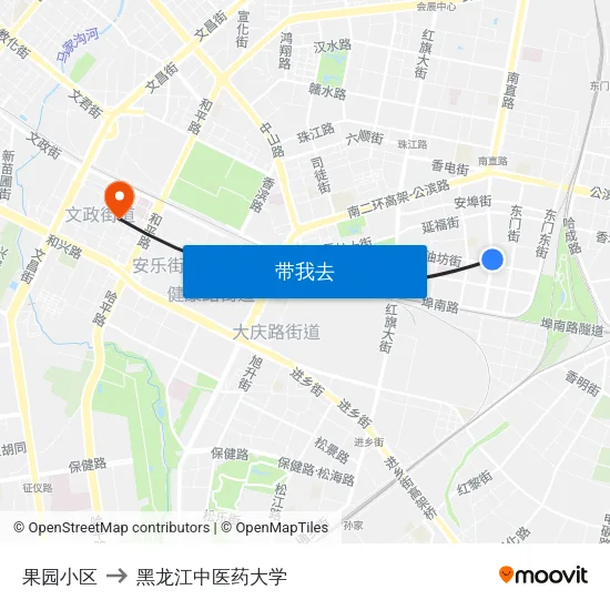 果园小区 to 黑龙江中医药大学 map