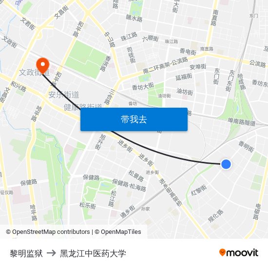 黎明监狱 to 黑龙江中医药大学 map